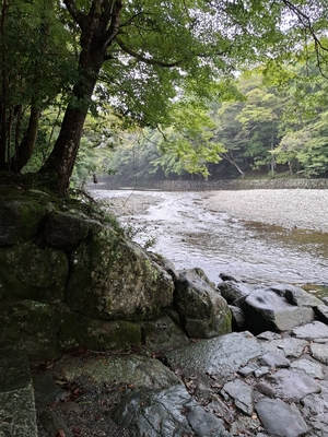 この「御手洗場」は手を清める場所という意味だが、流れている川（五十鈴川）で清めるようになっている